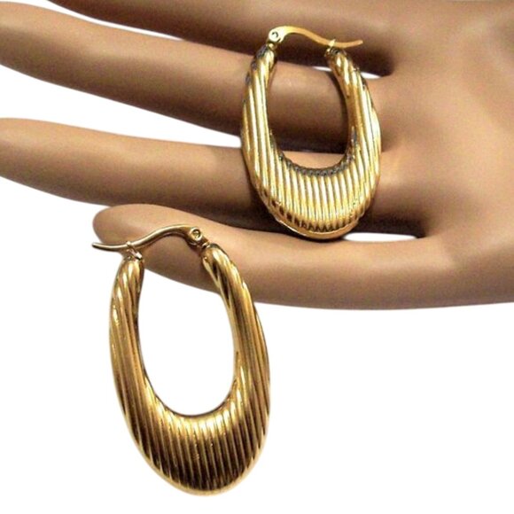 24K Gold Plated Lined Teardrop Hoop Pierced Post Earrings 44mm Long Stainless - Picture 1 of 12